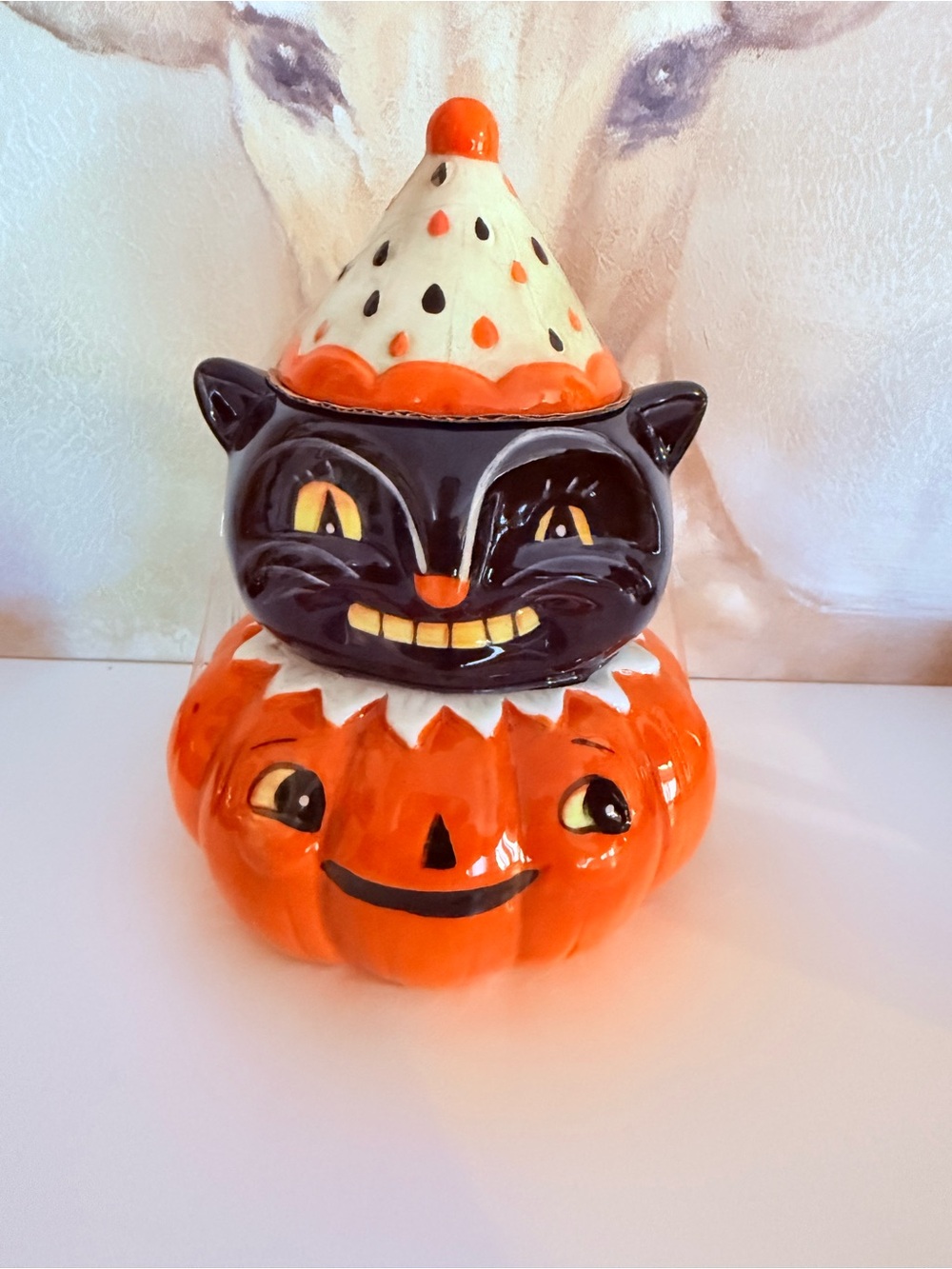 Johanna Parker vintage style cat cookie hat Halloween decorations jar canister
